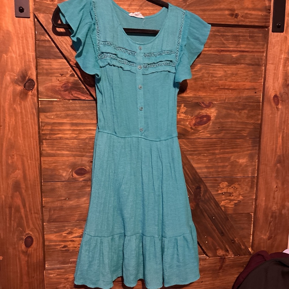 Mine Turquoise Midi Dress with Ruffle Sleeves